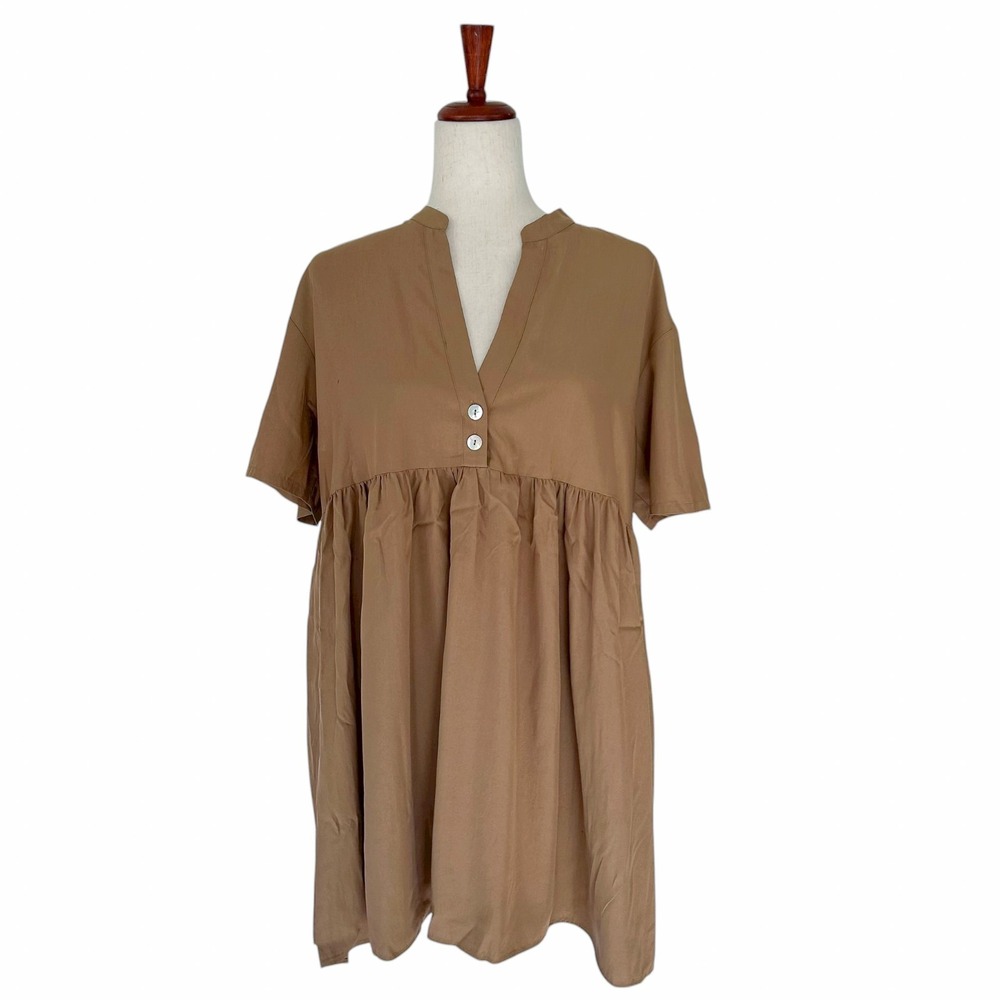 Zara Dress Women's Small Brown Babydoll Popover Short Sleeve Boxy Neutral Mini